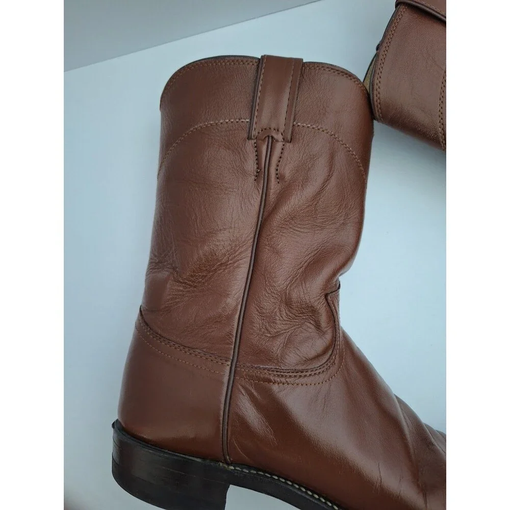 Vintage Justin Boots Men's 10.5 A Brown Leather Roper Western Cowboy Made In USA